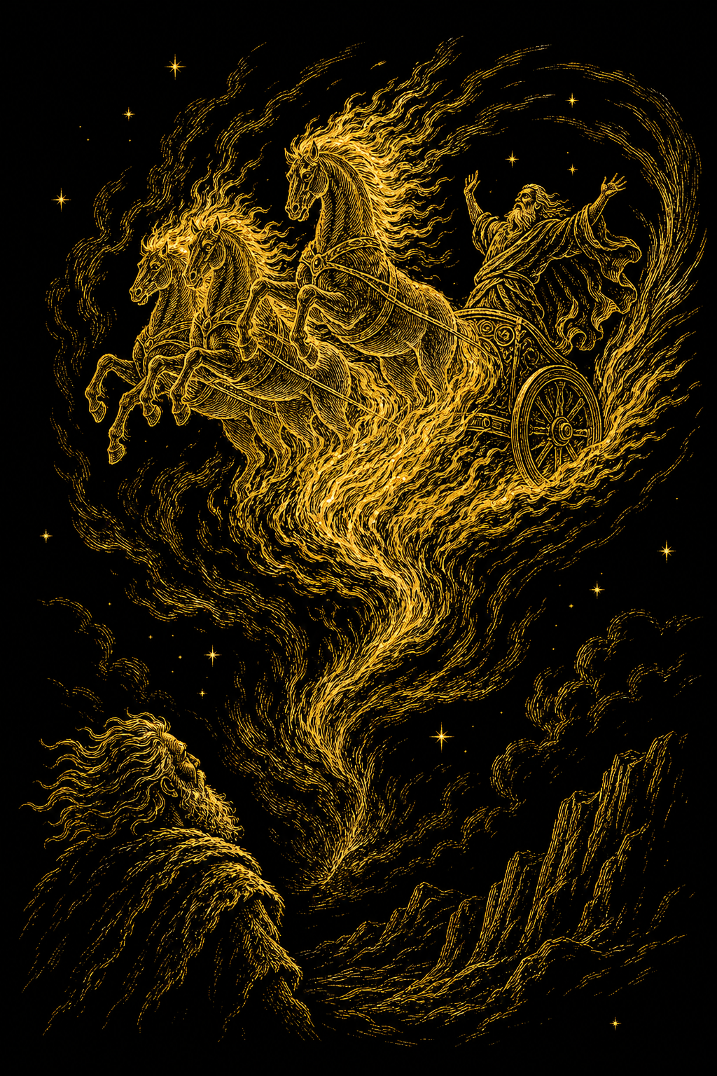 Golden engraving of Elijah's chariot of fire ascending in a whirlwind