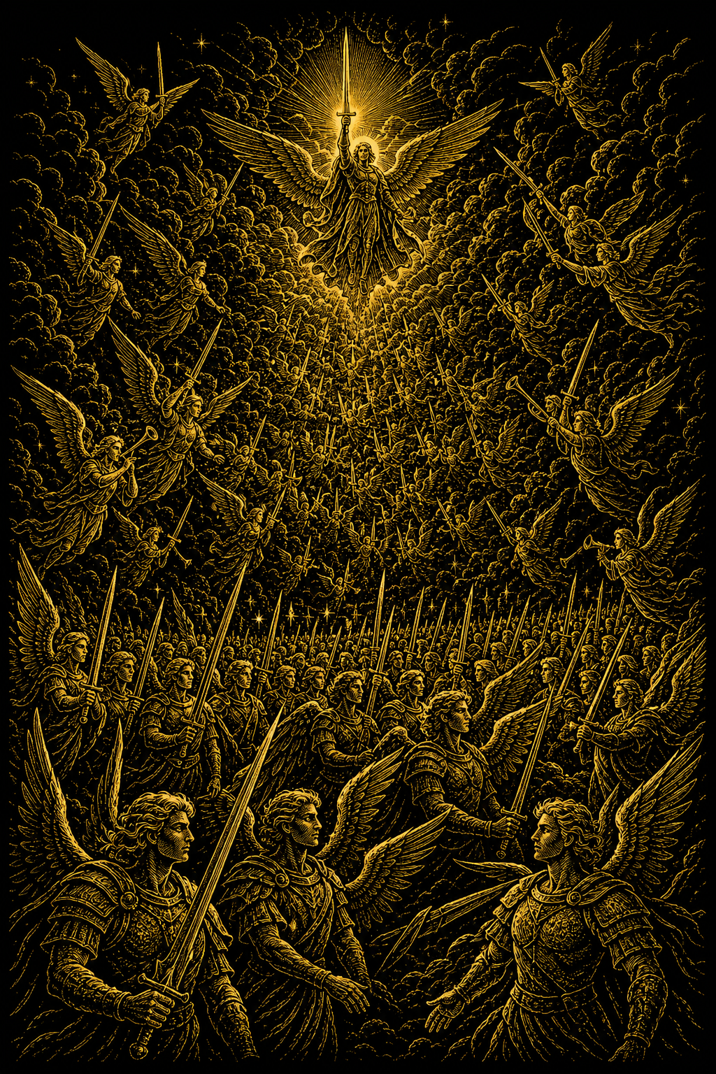 Golden engraving of the armies of heaven and angelic hosts